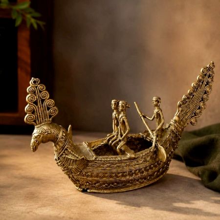 Handcrafted Brass Dhokra Peacock Boat Sculpture